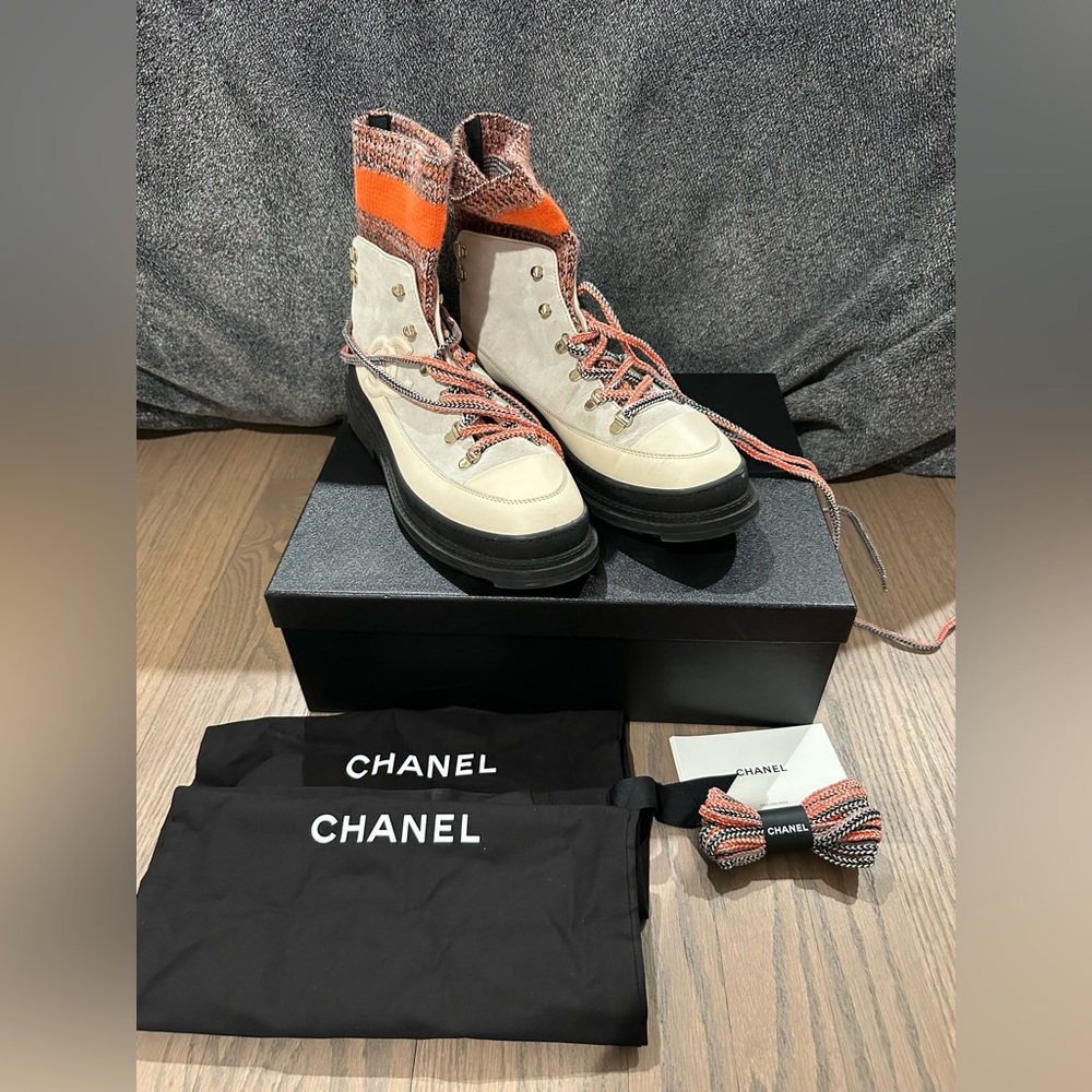 Chanel Boots Suede Knit Womens Sock Lace Up Orange Dark Grey Ivory